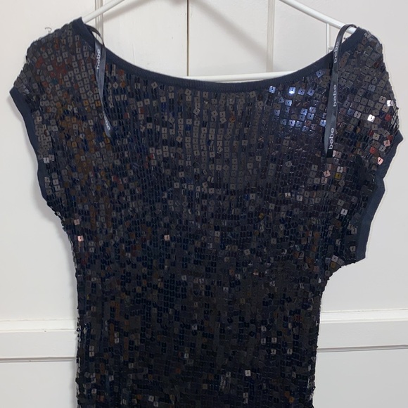 Bebe XS Black Sequin Short Sleeve Cocktail Party Mini Dress - Picture 3 of 6
